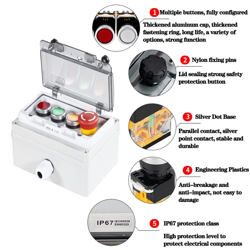 QL-LINRUN Push Button Box Ip67 with Emergency Stop Button Red Green Yellow Momentary Push Button Button with Protective Cover Anti-Misoperation Switch(Ac/Dc 6a-110v/3a-240v/2.5a-380v) - Image 3